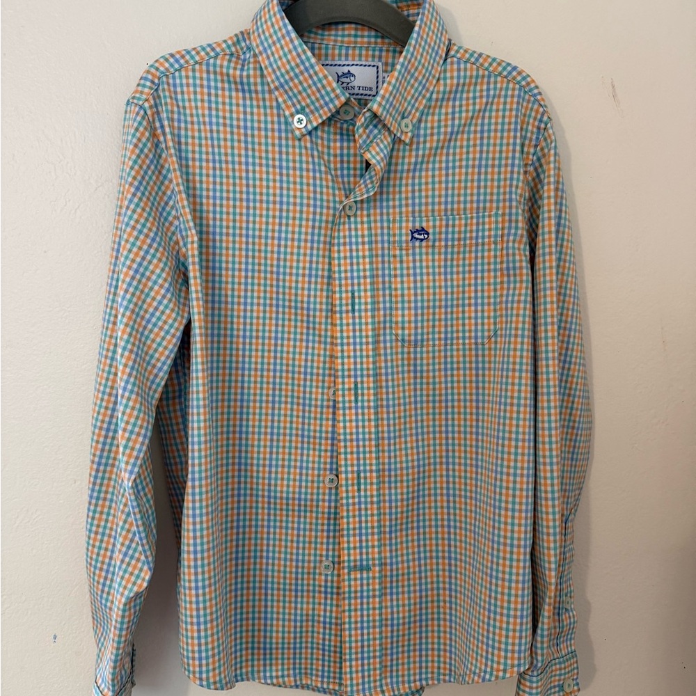 Southern Tide Orange and Blue Checkered Shirt